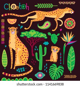 Wild exotic cats, tropical plants and ethnic patterns set. Cheetahs and their cub. Vector illustration of cartoon style.