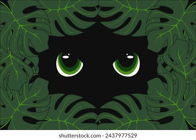 Wild Eye of the Jungle. Animal looking from green Tropical leaves backgeound. Vector illustration can used web banner. EPS 10 Editable stroke