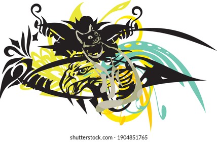 Wild eye symbol with floral elements. Decorative eye symbol with eagle head element and colored floral splashes for your creative ideas, prints, posters, wallpaper, etc.