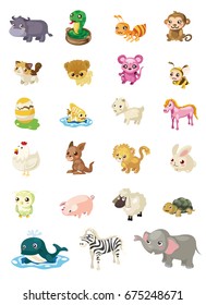 Wild Farm animals cute cartoon icons set for web design