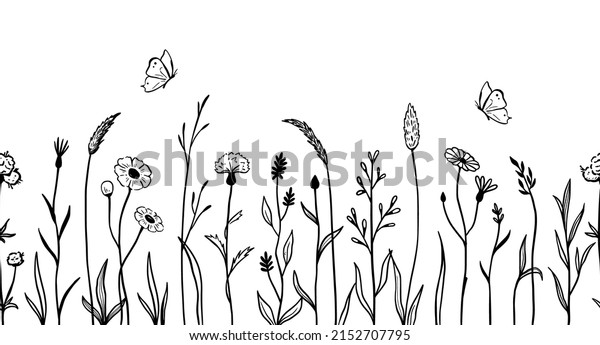 Wild field\
flower line seamless pattern. Hand drawn doodle sketch style wild\
floral element for nature spring background. Flower, garden grass\
field outline vector\
illustration.