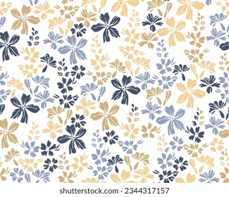 Wild field forget-me-not flowers repeat pattern vector illustration. Ditsy beautiful motif. Shabby chic wallpaper print with flower inflorescences. Buttercups blossom summer print.