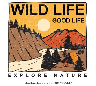 Wild file t shirt design. Mountain fire camp graphic print artwork. Explore nature vector illustration. 