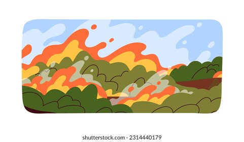 Fuego salvaje en la naturaleza. Desastre natural, incendios forestales y devastación. Plantas quemadas, hierba, arbustos en llamas, llama. Destruir el cataclismo, la catástrofe en el clima caluroso, el paisaje. Ilustración vectorial plana