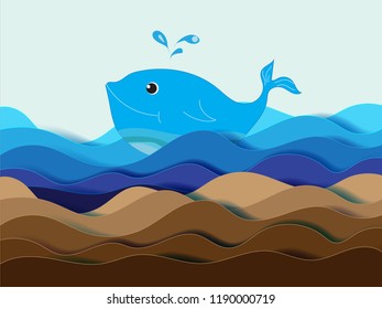 Wild fish, whale in sea waves and water splashes vector icons