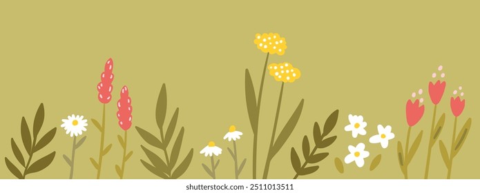 Wild floral border, modern flat vector illustration on green bakground, simple flowers and leaves.