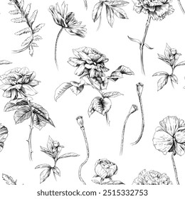 Flores botânicas florais selvagens. Flor silvestre de folha de primavera isolada. Arte em tinta gravada em preto e branco. Padrão de plano de fundo perfeito. Textura de impressão papel de parede tecido.