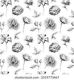 Flores botânicas florais selvagens. Flor silvestre de folha de primavera isolada. Arte em tinta gravada em preto e branco. Padrão de plano de fundo perfeito. Textura de impressão papel de parede tecido.