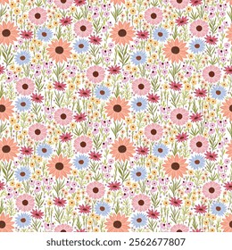 Wild Floral Garden Flat Style Flower Pattern Floral design allover fabric and wallpaper