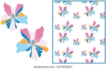 Wild flower artwork. Colorful floral vector illustration and all over print for fabric design, wallpaper, wrapping paper, cards, scrapbook paper. Stamp, lino-cut floral elements. Seamless Repeat.