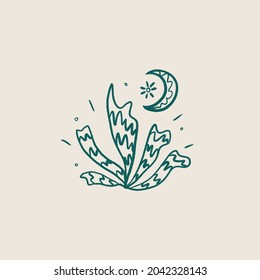 Wild flower botanical line illustration. Abstract bush and leaves. Magic nature, moonchild, witchcraft symbol. Vector, hand drawn art.