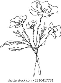 Wild Flower Bouquet Line Art EPS | Minimalist Floral Clipart | One Line Drawing Flower | Delicate Leaf Botanical Leaves Nature Graphic