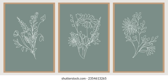 Wild flower bouquets Line art Drawing Print Set. Botanical Poster, gallery wall art. Outline Vector monochrome sketch illustrations isolated on trendy sage green color background