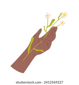 Wild flower branch in human hand. Blooming summer flowers, forest flora cartoon vector illustration