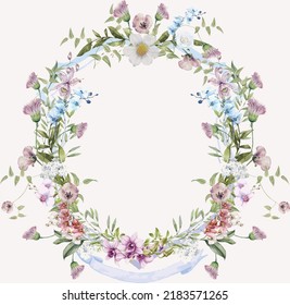 Wild Flower Crest, Hand Drawn Frame Template. Painted Wedding Floral Wreath. Botanical Vector Illustration