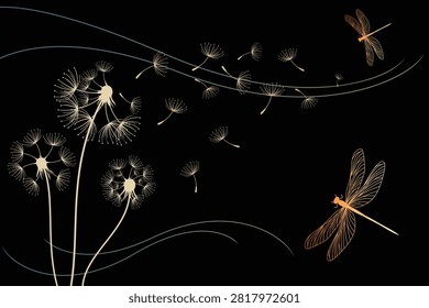 Wild flower dandelion with free space for text.  Vector flower for background, dandelion flying wall decal children's room 
