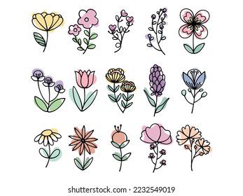 Wild flower doodle vector collection. Set of illustrations with pastel wild plants on white background. Different shapes and colors of elegant cute flowers. Design Invitation cards, Poster, wedding