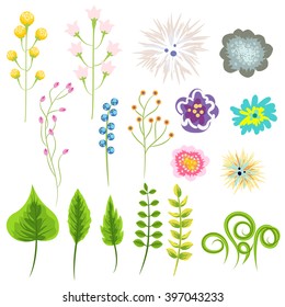 Wild flower and green leaves vector set clip art. Field flower branches spring collection.