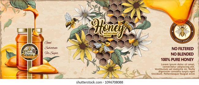Wild flower honey ads with 3d illustration glass jar filled with nectar on retro engraving apiary background