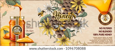 Wild flower honey ads with 3d illustration glass jar filled with nectar on retro engraving apiary background