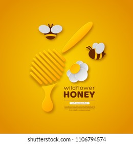 Wild flower honey design. Paper cut style dipper, flower and bees. Decorative elements for beekeeping and honey products. Yellow background, vector illustration.