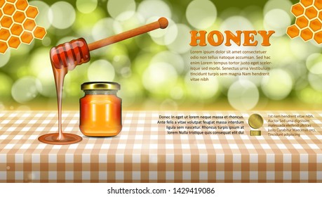 Wild Flower Honey Glass Jar Filled With Stick On Table Advertisement Template. EPS10 Vector