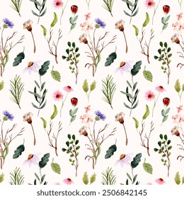 wild flower meadow watercolor seamless pattern