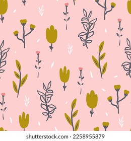 Wild Flower Mustard and Pink Vector Seamless Pattern