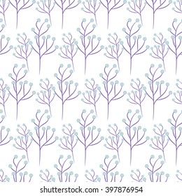 Wild flower purple branch spring field seamless pattern. Floral tender fine summer vector pattern on white background. For fabric textile prints and apparel.