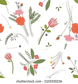 Wild flower seamless pattern. Flowers print, floral branches and foliage. Folk design for gift wrapping, wallpaper. Vintage meadow plants classy vector background