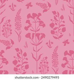 Wild Flower silhouette seamless pattern in pink. Suitable for wallpaper, fabric, or other decorative applications.