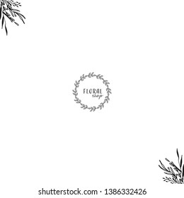 Wild flower wreath. Feminine Premade logo. Hand drawn floral element. Hand Drawn Feminine Logo for beauty shop, organic, interior design, florist, photography, wedding, badges, emblems, banner. Vector