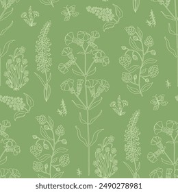 Wild flowers 2-tone outline seamless pattern on green background. Suitable for wallpaper, fabric, or other decorative applications.