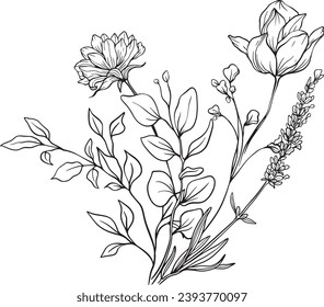 Wild flowers arrangement line art. Hand drawn line floral, leaves branches and blooming. Wedding elegant wildflowers for invitation save the date card. Vector