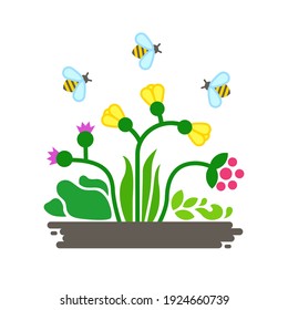 Wild flowers and bees. Small ecosystem. Vector illustration.
