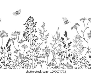 Wild flowers blossom branch seamless border. Vintage botanical hand drawn illustration. Spring herbal flowers of clover, dog rose with bumblebees. Vector design. Can use for greeting cards, wedding