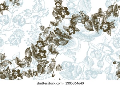 Wild flowers blossom branch seamless pattern. Vintage botanical hand drawn illustration. Vector design. Can use for greeting cards, wedding invitations, patterns for eco product, cosmetics.