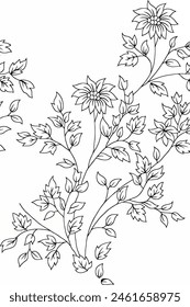 Wild flowers blossom branch seamless pattern. Vintage botanical hand drawn illustration. Spring herbal flowers with different plants of vintage garden and forest. Vector design. Can use for greeting
