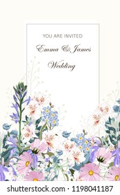 Wild flowers bouquet elegant card template. Floral poster, invite. Vector arrangements for greeting card or invitation design.