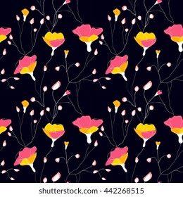 Wild flowers and branch vector seamless pattern, dark and pink