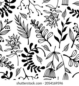 Wild flowers and branches seamless vector pattern. Hand-drawn doodles. Silhouettes of field plants. Botanical sketch. Black and white natural concept for decoration, textile design, stationery