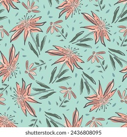 Wild flowers brush stroke style seamless vector pattern background. Hand drawn floral backdrop. Nature botanical blue pink repeat all over print for gardening, packaging. Naive boho style
