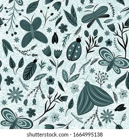 wild flowers and bugs seamless pattern vector art