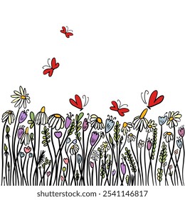 Wild flowers with butterflies. hand drawing. Not AI, Vector illustration.