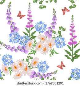 Wild Flowers, butterflies on a white background. Seamless vector illustration. For decoration textile, packaging,wallpaper.