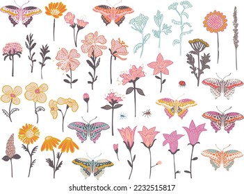 Wild flowers and butterflies set. Vector design