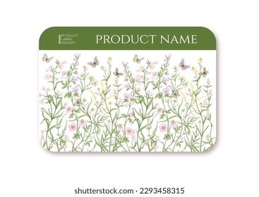 Wild flowers and butterflies Template for plastic debit or credit, pass, discount, membership card Vector illustration. In botanical style