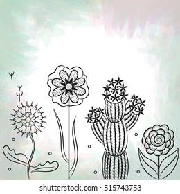 Wild flowers,  cactus, rose, nopal, dandelion, hand drawn artificial plants, exotic perennial, vector illustration, isolated decorative floral sketch in black, buttonhole, blossom, card print