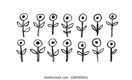 Wild flowers contour drawing set. Pencil drawn simple small plants isolated on white background. Herbal and meadow plants with buds. Charcoal or pencil lines. Vector floral sketch elements. 