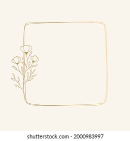 Wild flowers elegant frame. Hand drawn golden illustration. 